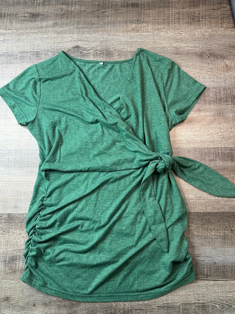 Green Heathered Wrap Nursing Maternity Top Ruched Side Tie Short Sleeve
